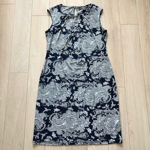 Basque Pleated Neckline Pattern Dress in Navy Size 10